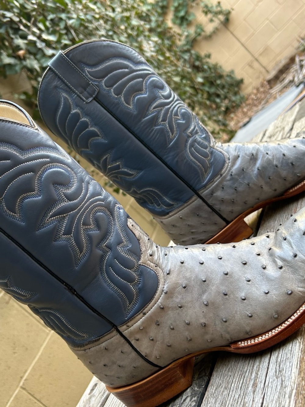 Handmade Gray Ostrich & Blue Square Toe Cowboy Boots Size 10D - Picture 2 of 15